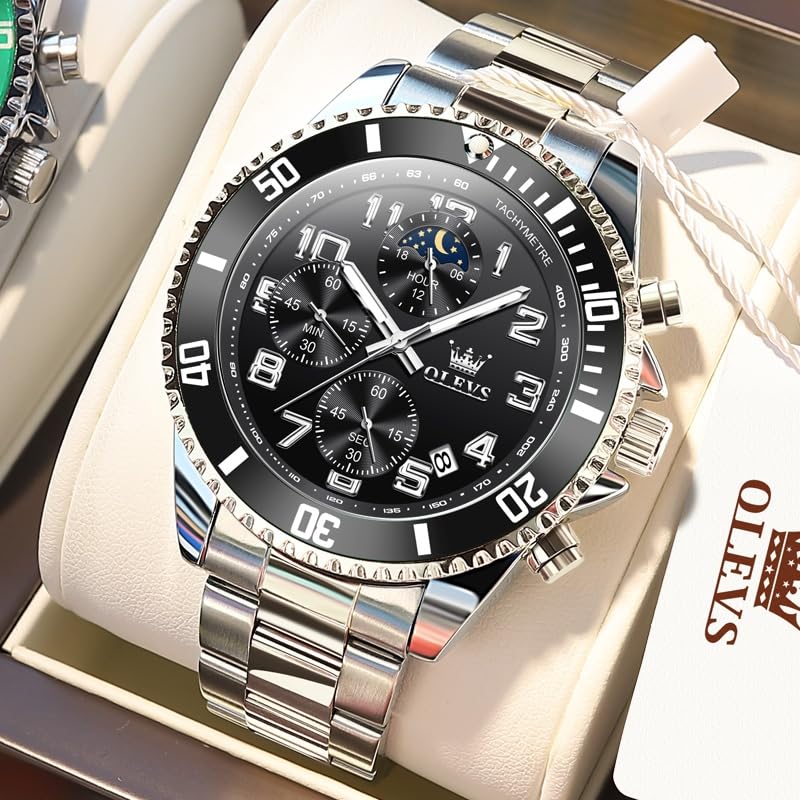 Image of OLEVS Watches for Men Stainless Steel Dress Men Watch with Date Big Face Chronograph Waterproof Luxury Fashion Watch Blue /Black /Gold /Green /Silver Face Relojes para Hombres
