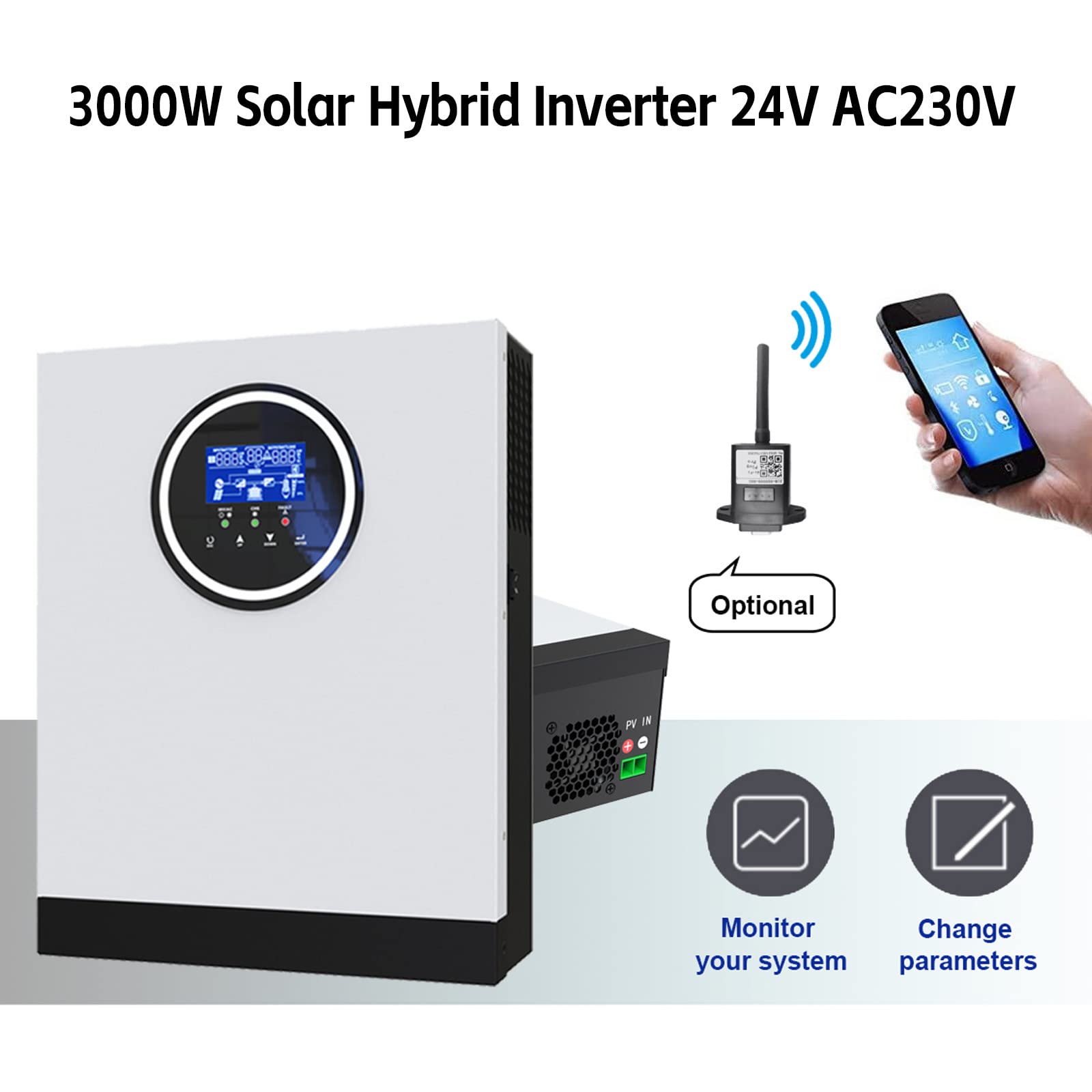 Onduleur Hybride Solaire 3kW 24V AC230V Hors réseau onduleur à Onde sinusoïdale Pure 80A MPPT Chargeur Solaire, PV 130-430V en Prise en Charge WiFi,WithWifi3000W