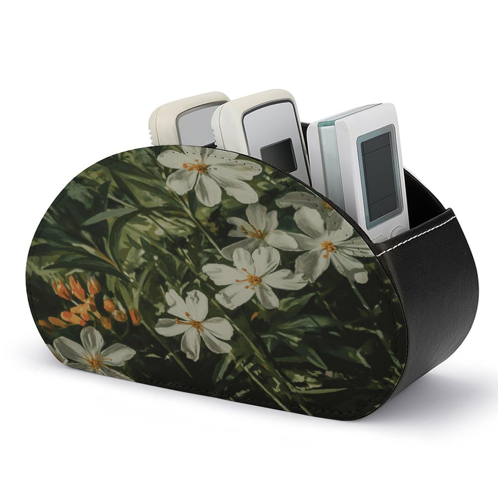 FekiLoot Leather Remote Control Holder with 5 Compartments Flowers And Green Leaves Remote Caddy Desktop Organizer Store TV Remote Holder Remote Organizer for Bedside Table Office Desk