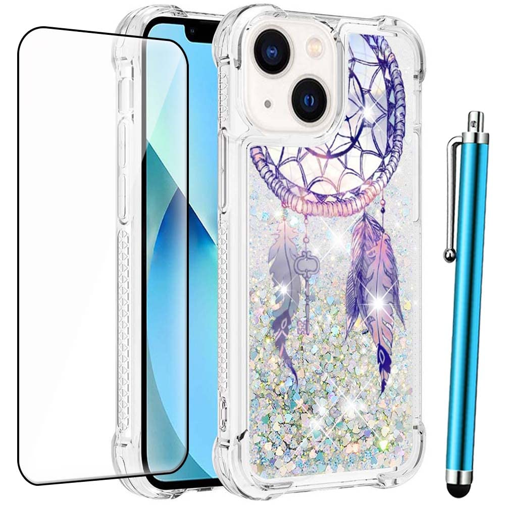 Alkaxfor iPhone 14 Case, iPhone 13 Case with Tempered Glass Screen Protector,Liquid Glitter Bling Sparkle Floating Quicksand Cute Soft Slim TPU Women Girls Protective Phone Case for iPhone 13 14 6.1”