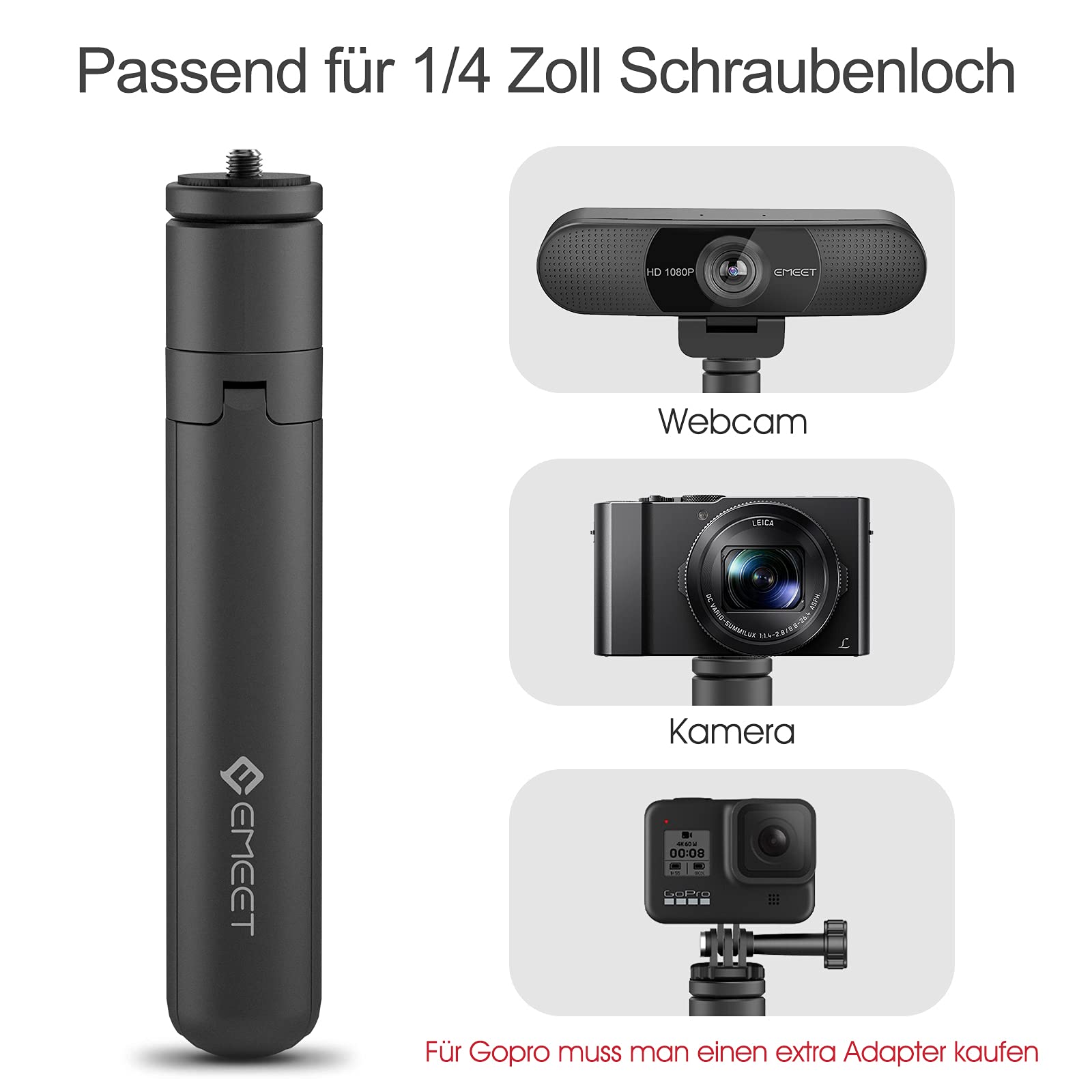 EMEET Treppiede – TD303 Tripod per webcam EMEET, treppiedi retrattili, 14,5 cm – 31,8 cm, con vite da 1/4", per webcam, fotocamera