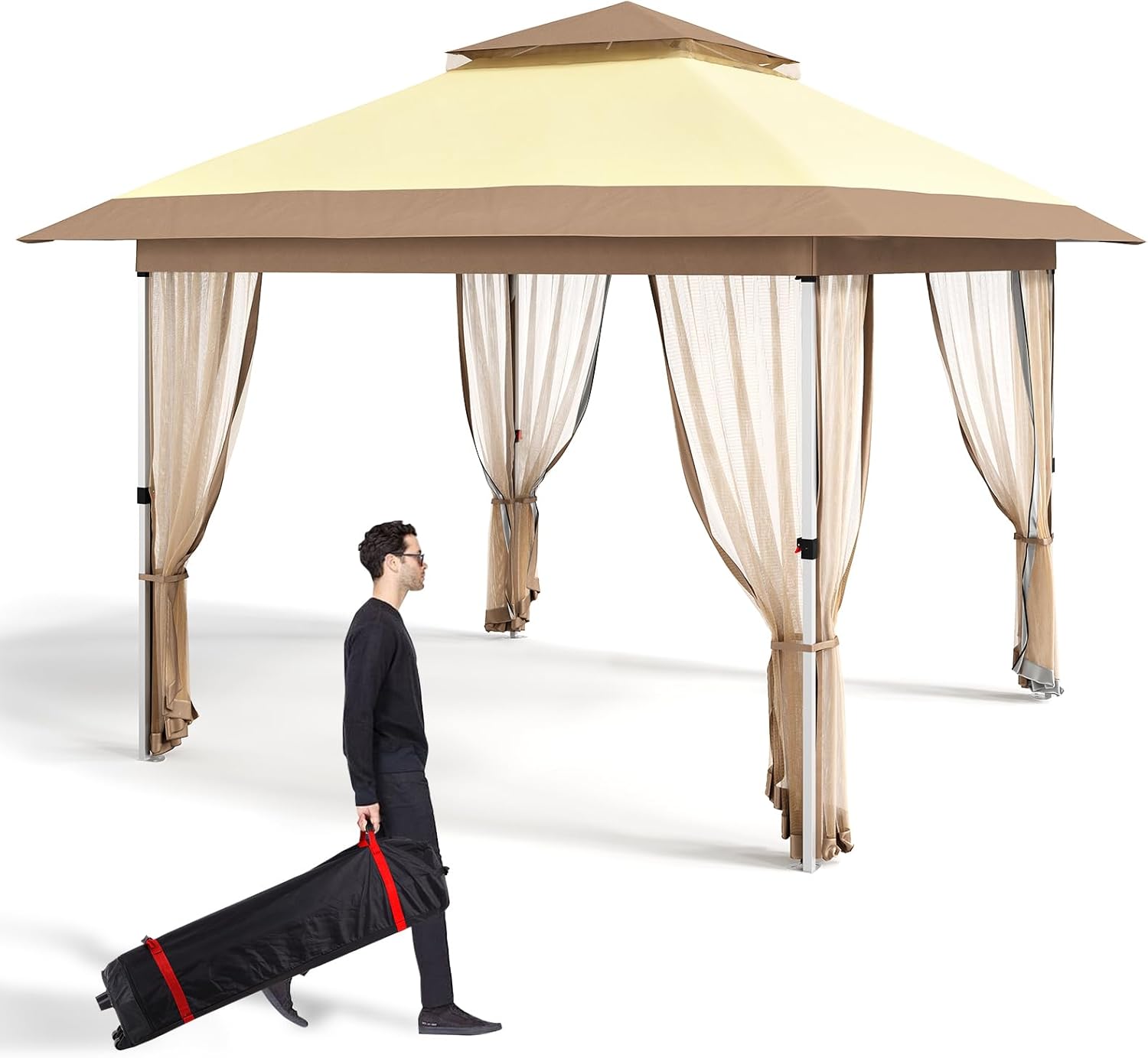 11'x11' gazebo outdoor pop up canopy tent with curtains and 121 square shelter for patio,backyard party, with mosquito netting, 2-tiered vented top,beige beige 11ft*11ft
