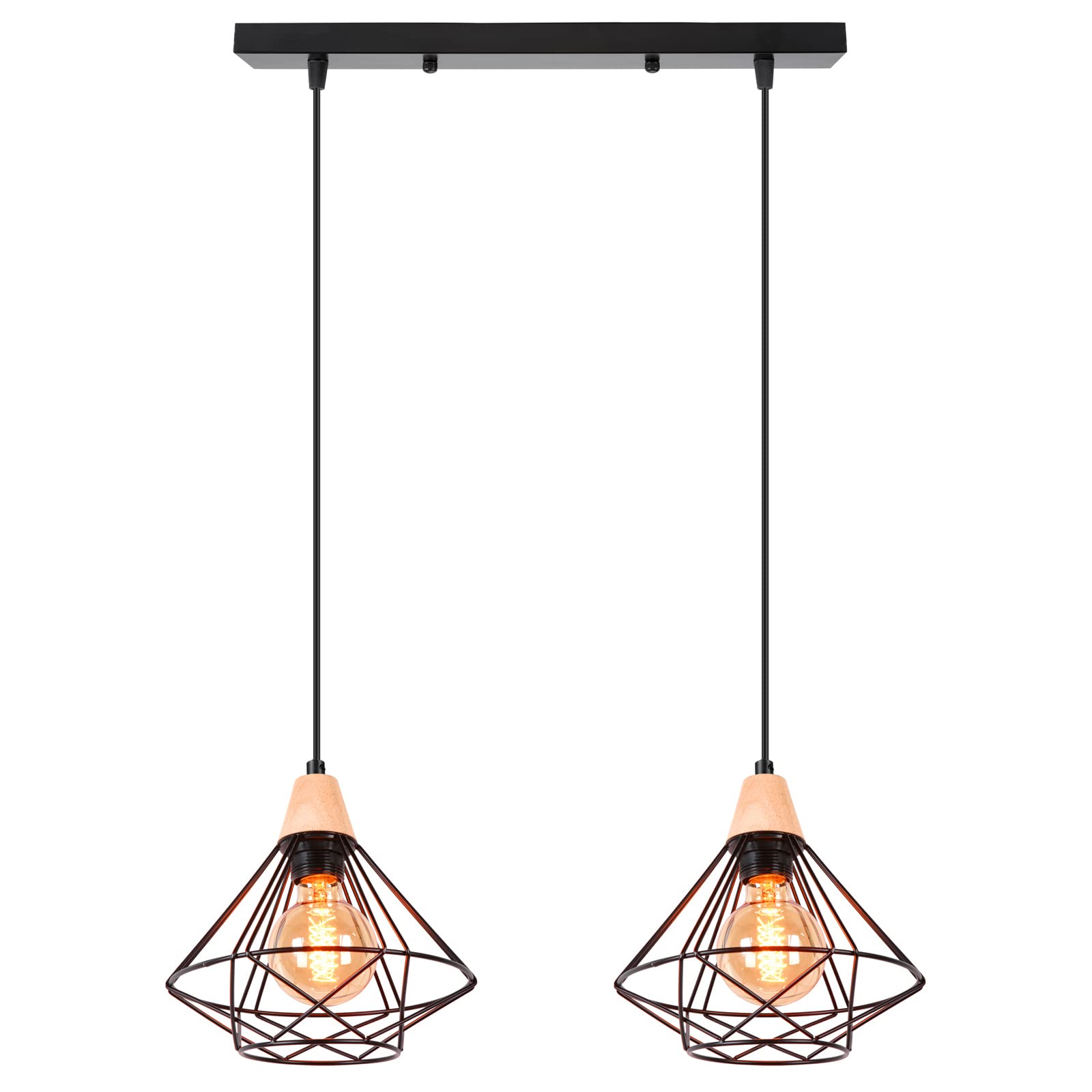 iDEGU 2 Luci Lampadario a Sospensione Vintage Industriale, Lampada da Soffitto in Legno e Metallo Nero Gabbia Geometrica 22cm Retro Lampada a Sospensione Interni per Camera da Letto Cucina (Piatto)