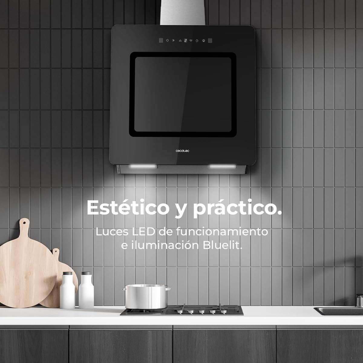 Cecotec Campana Extractora Decorativa 60 cm Bolero Flux DT 608002 Glass Black A++, 210W, Iluminación LED, Succión 800m3/h, Control Táctil, 3 Niveles, Filtro Carbono, Hand Movement, Delay Function