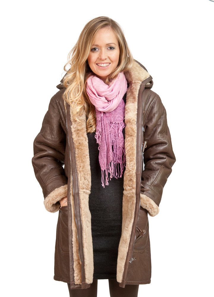 Infinity Women's Brown Long Winter Hooded Real Shearling Sheepskin Leather Duffle Coat L