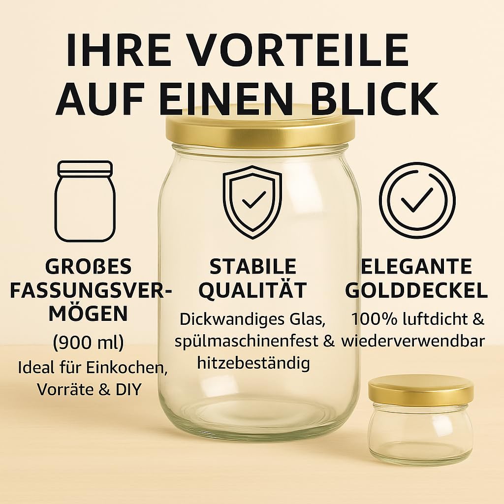 Einmachgläser mit schraubdeckel 900 ml 24er Set mit goldenen Deckel fi82 Einmachglas Einweckgläser - Vorratsgläser Glas luftdicht Twist Off - für Gurken Paprika Kompott Marmelade Honig Einmachen