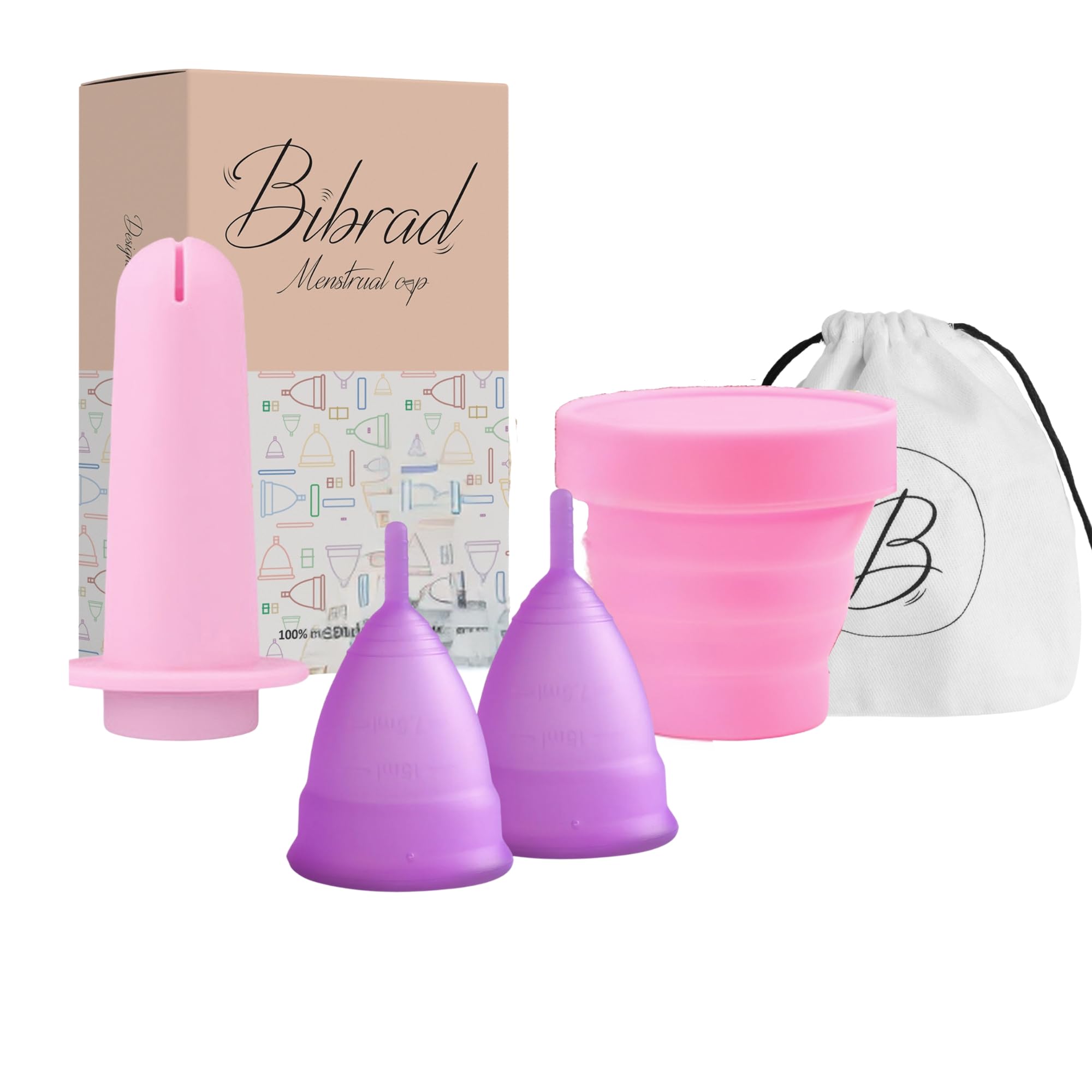 Bibrad Copa Menstrual - 2 Copas Menstruales Tallas M y L, Vaso Esterilizador y Bolsa de Transporte de Algodón - 100% Suave Silicona de Grado Medico Lavable y Reutilizable (M-L) — view 8