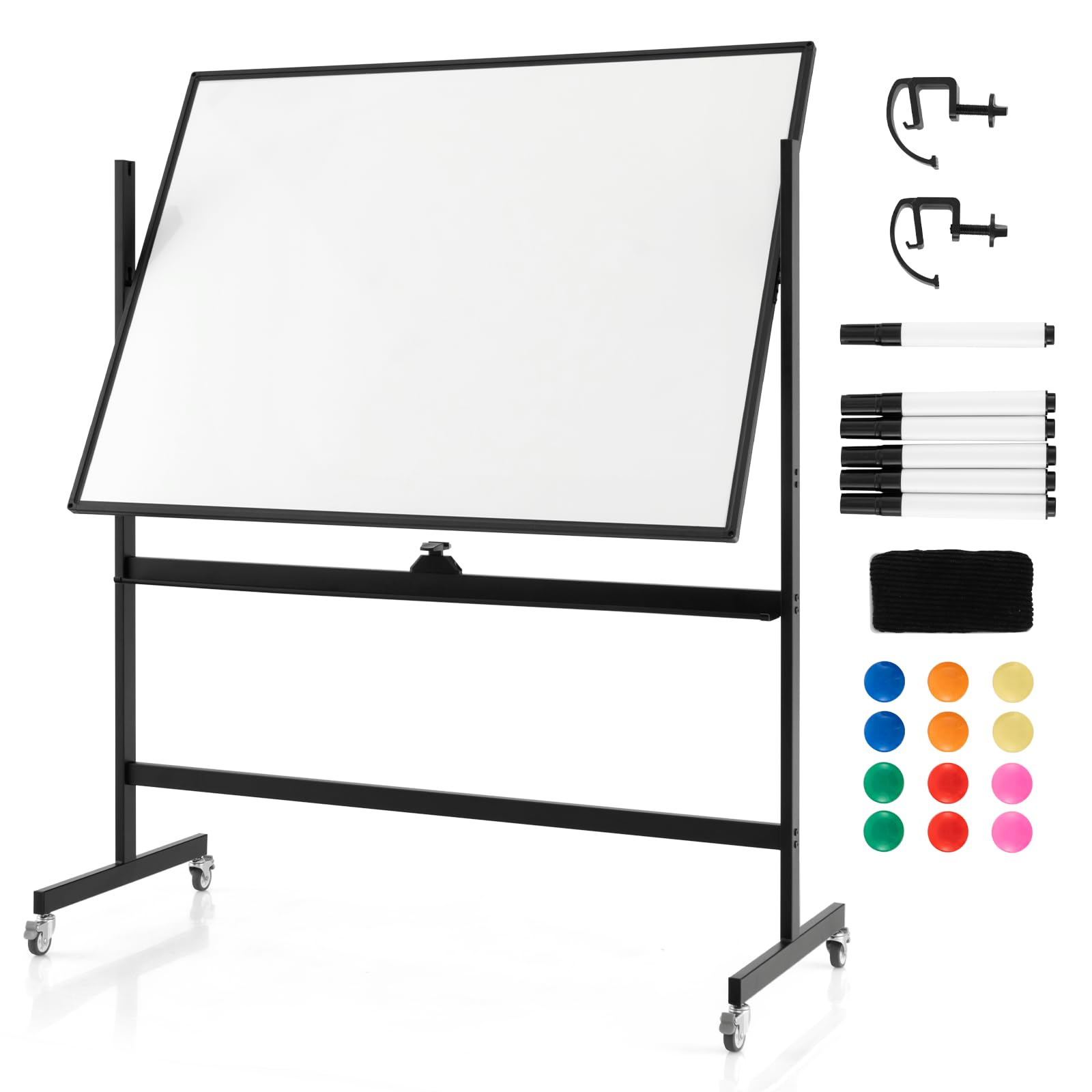 CASART Double Sided Magnetic Whiteboard, Height Adjustable Revolving Rolling Writing Board with Stand, Marker Pens, Magnets and Eraser, Mobile Dry Wipe Whiteboard for Home Office School (120 x 90cm)