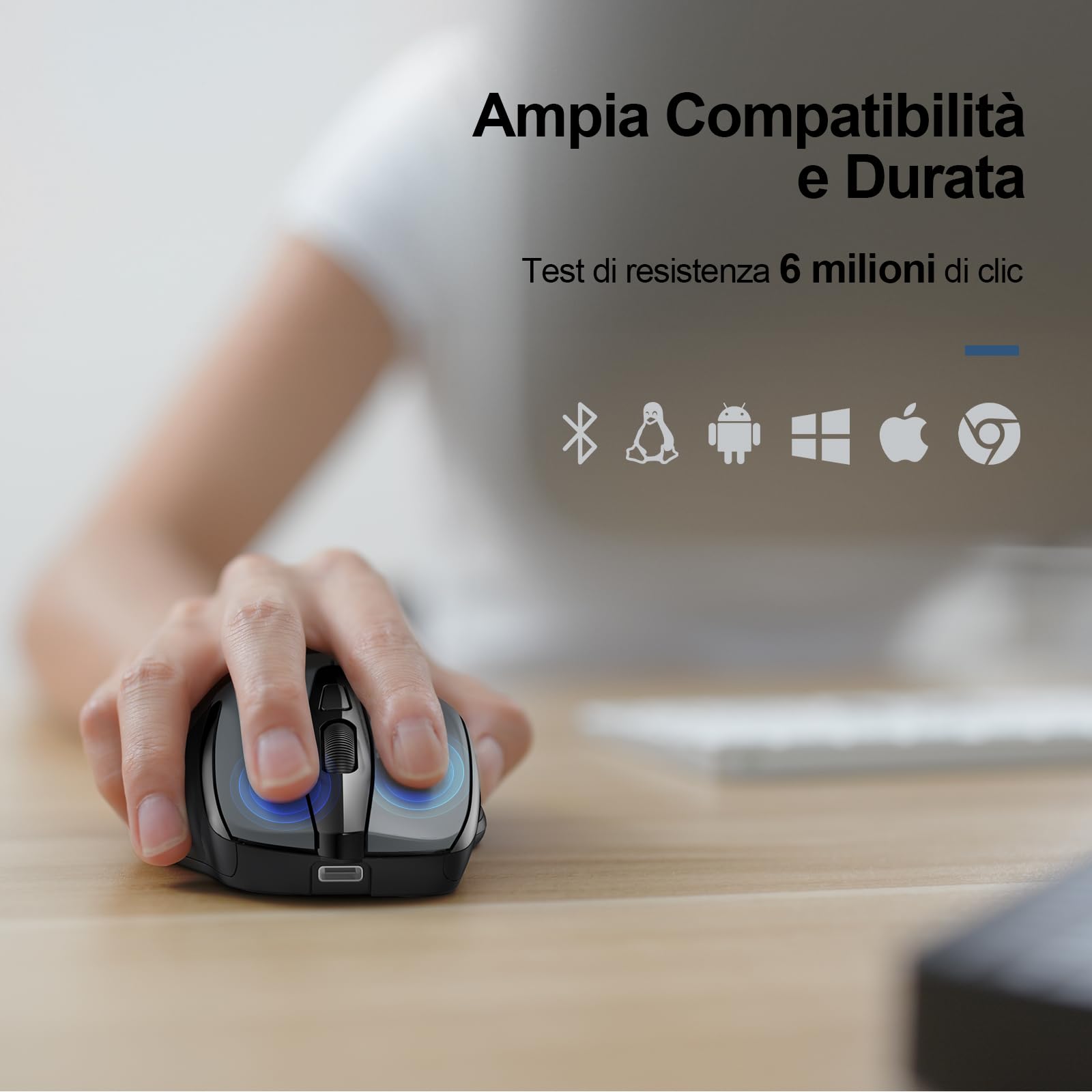 TECKNET Mouse Bluetooth Ricaricabile, Multi-dispositivo Mouse Wireless Silenzioso (Tri-Mode: BT 5.0/3.0 + 2.4G), 4800 DPI, Ergonomico, Portatile per Laptops, Mac OS, Android, Windows