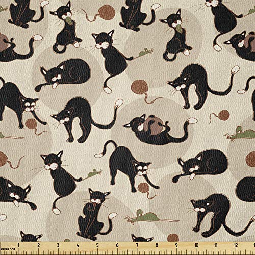 Image of Ambesonne Cat Fabric by The Yard, Hand Drawn Feline Pattern House Pet Playing with Mouse and a Ball of Yarn, Stretch Knit Fabric for Clothing Sewing and Arts Crafts, 2 Yards, Black Tan Sea Green