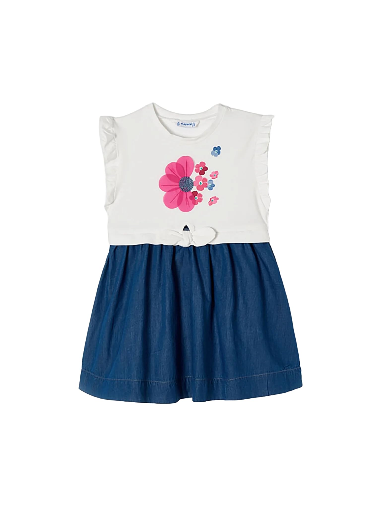 Mayoral Vestito Bambina Estivo in Cotone e Denim con Fiore Decorativo e Gonna Blu