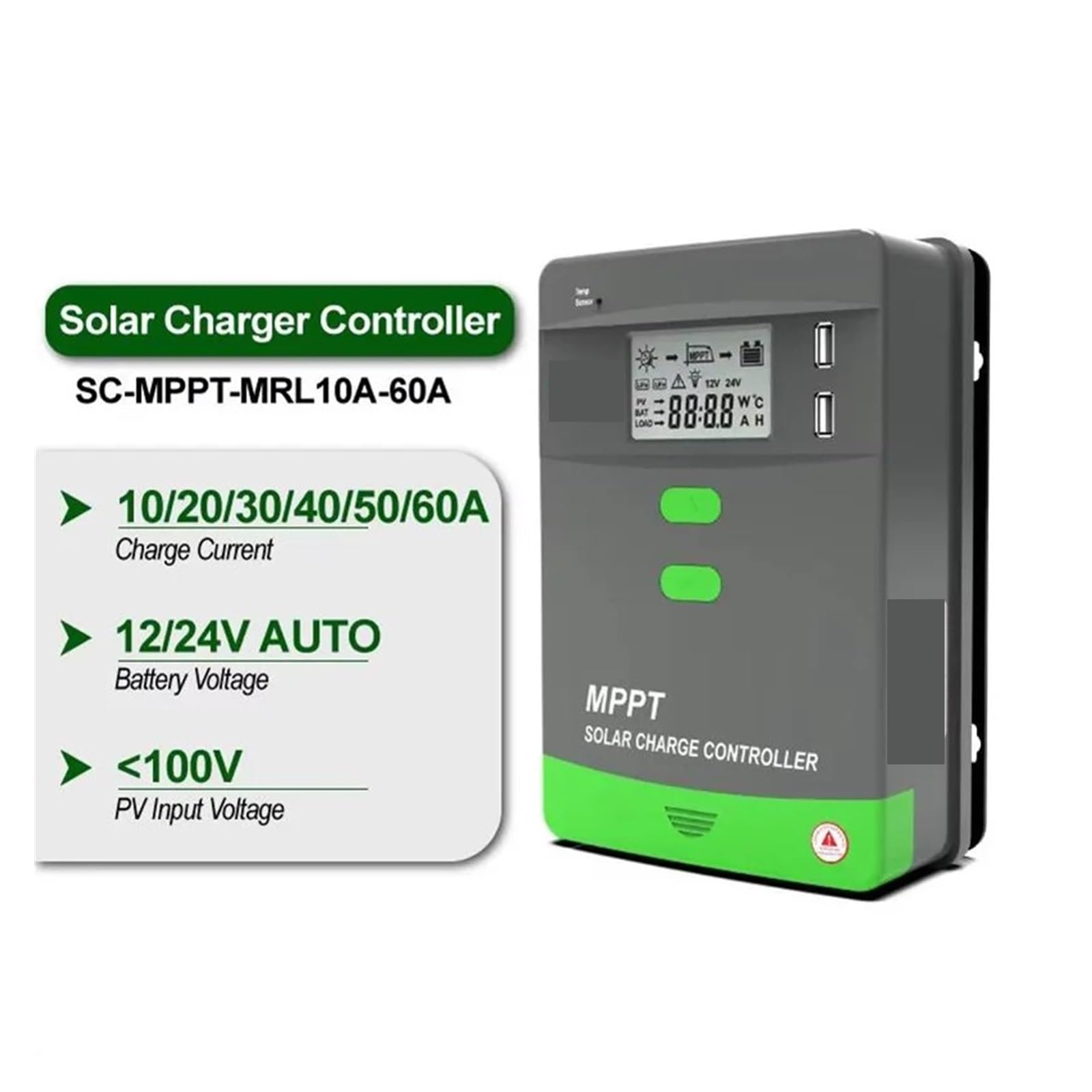 Kontroler ładowania słonecznego, 60A 50A 40A 30A 20A MPPT regulator ładowania słonecznego do baterii domowych Panel 3000W LCD z USB 12V 24V 36V 48V(Blu,60A_12V 24V 36V 48V)