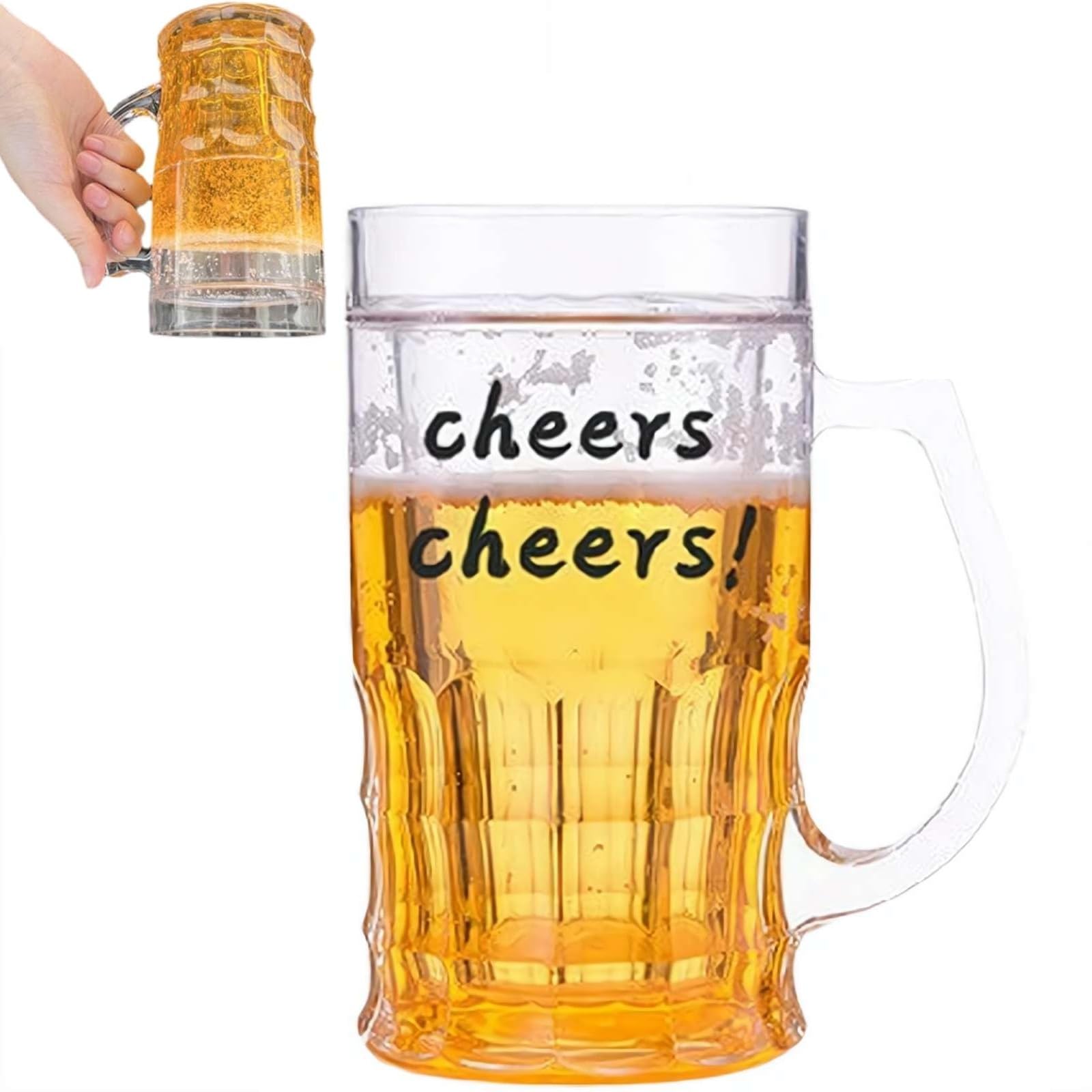 Fake Beer Mug, 420ml Double Layer Funny Beer Glass Plastic Fake Double Beer Mugs with Handles Mezzanine Model Beer Stein for Bar Beverages, Prank