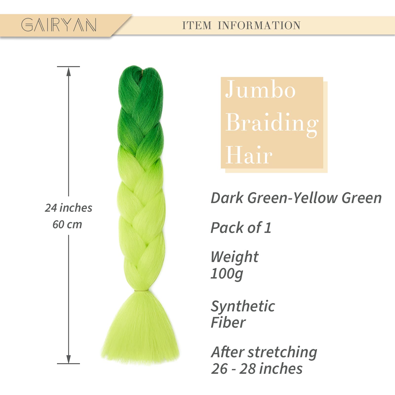 Gairyan Extensiones de Pelo Trenzas Africanas 1 Paquete 24" Pelo Sintetico Para Trenzas Natural Crochet Braiding Hair (Verde Oscuro-Verde Amarillo) — view 2