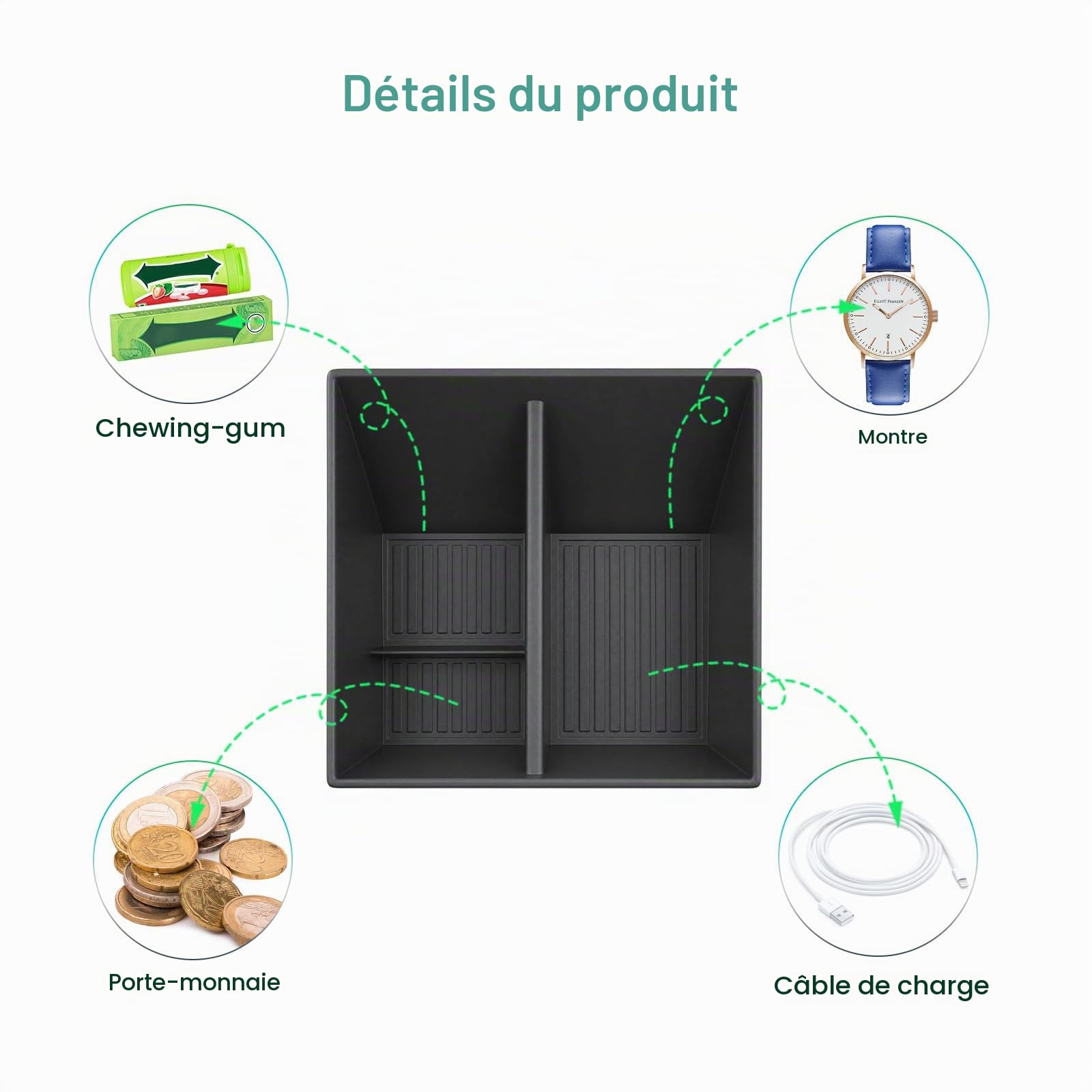 GAFAT Compatible avec Volvo EX30 2026 2025 2024 Boîte de rangement pour console centrale, plateaux de rangement inférieurs pour EX 30 accessoires, en caoutchouc TPE, antidérapant avec 4 coussinets en