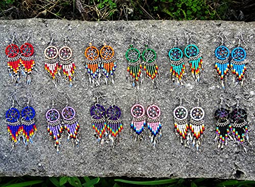 Native American Inspired Dream Catcher Long Seed Beaded Metal Dangle Earrings - Womens Fashion Handmade Jewelry Boho Accessories (White) #TOP2