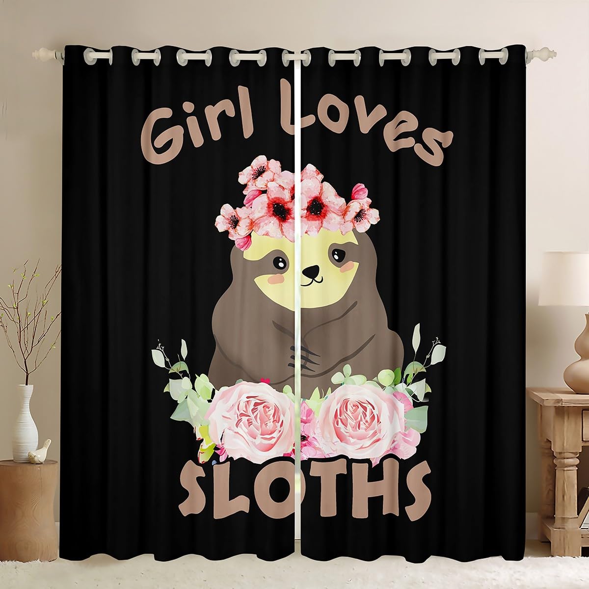 Feelyou Cute Sloth Darkening Dreapes Kawaii Animal Blackout Curtains Girl Loves Sloth Curtains for Bedroom Living Room Kids Adults Window Treatments (2 Panels, 42 x 84 Inch)