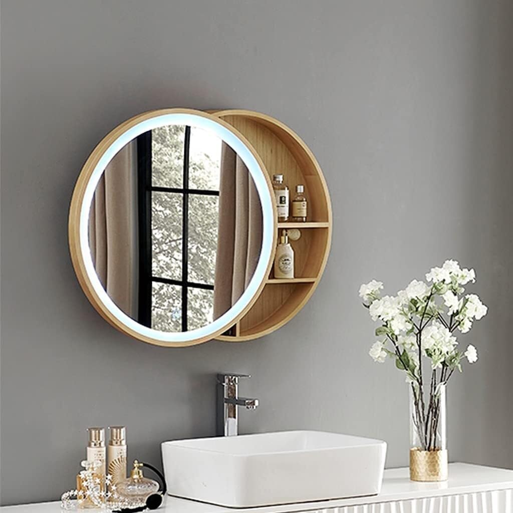 Round Wall-Mounted Bathroom Mirror Cabinet with LED Light, Wooden Storage Cabinet with Sliding Door, 50-70cm(23.6" L x 23.6" W)