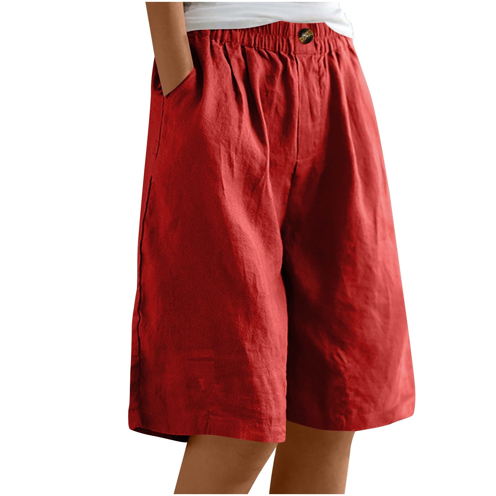 bawilom Cotton Linen Shorts for Women Loose Fit Knee Length Bermuda Shorts Casual Wide Leg Elastic Waist Workout Shorts