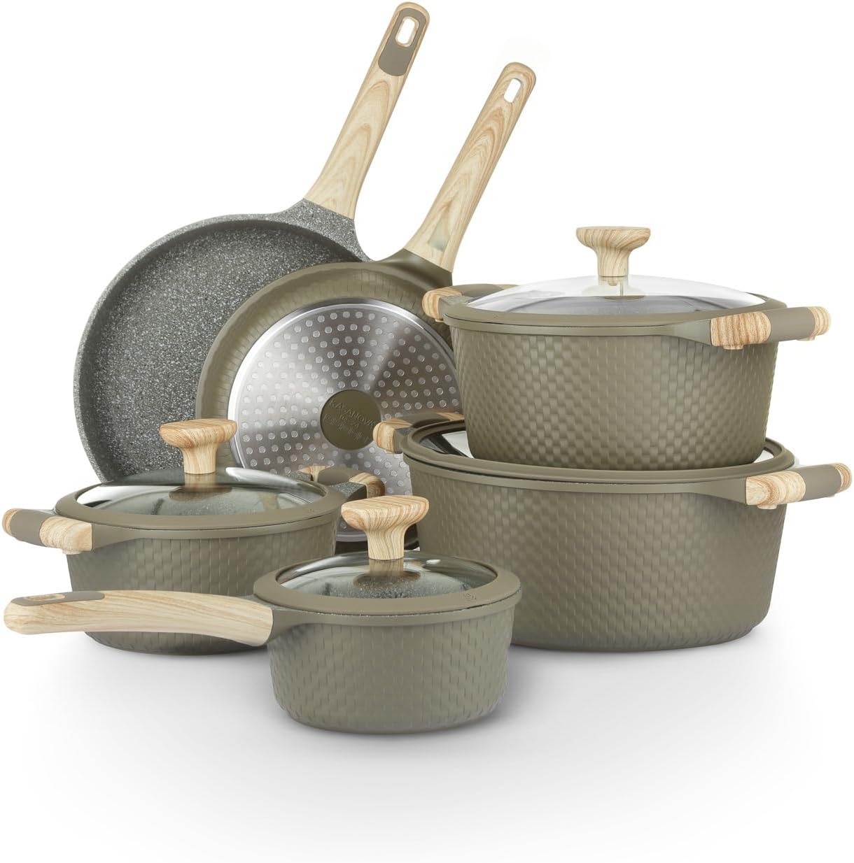 Bambù 10Pcs Cookware set, Die-cast Aluminum pots and pans, Nonstick frying pans and casseroles, Induction safe, PFOA-free (Green, 10 pcs)