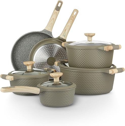 Bambù - Juego de utensilios de cocina, ollas y sartenes de aluminio fundido a presión, sartenes y cazuelas antiadherentes, seguro para inducción,