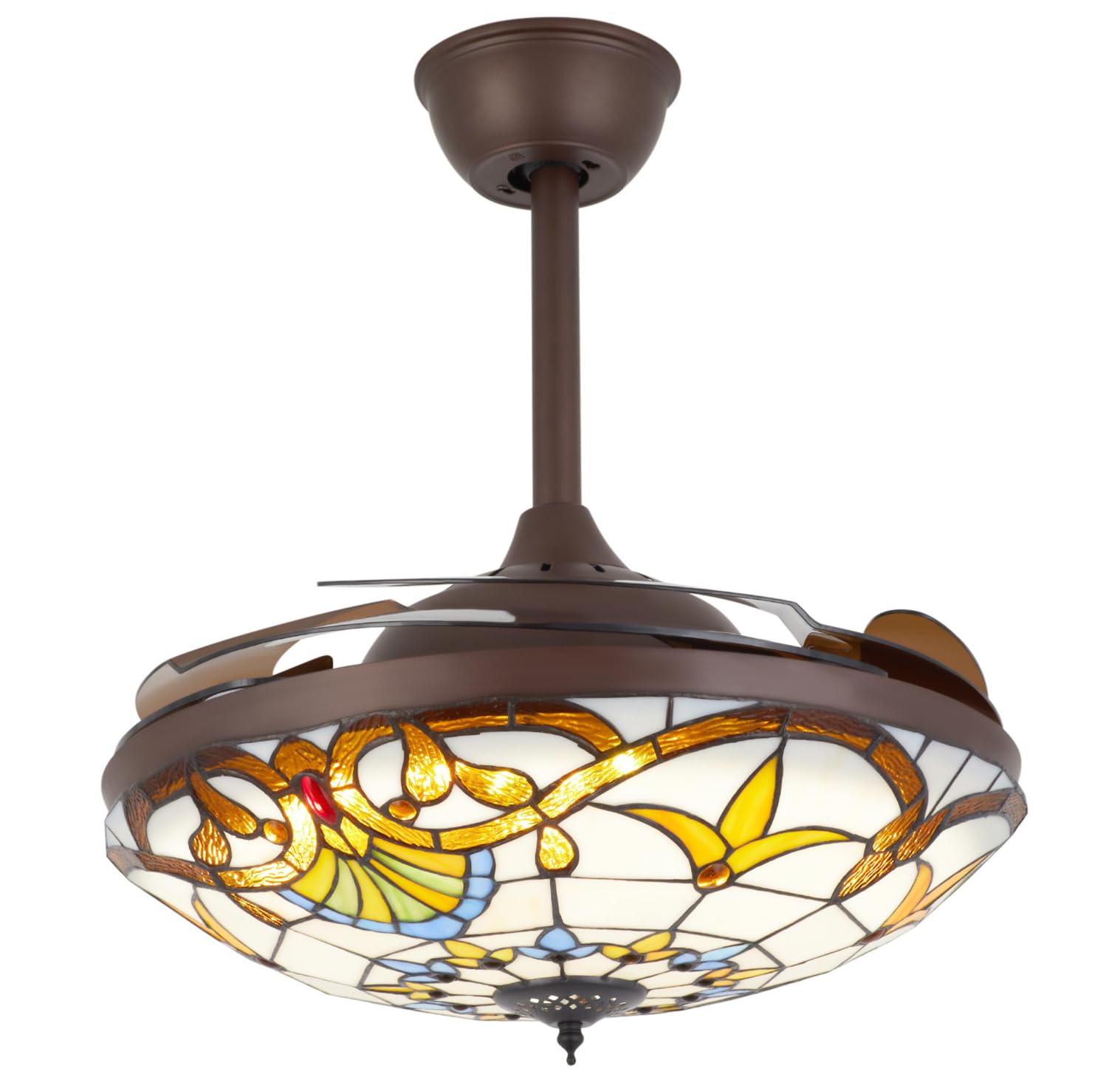 LOYALHEARTDY Tiffany Ceiling Fans with Lights and Remote 42" Retractable Tiffany Retractable Ceiling Fan, 6 Speeds & 3 LED Lighting & 8 Hours Timer