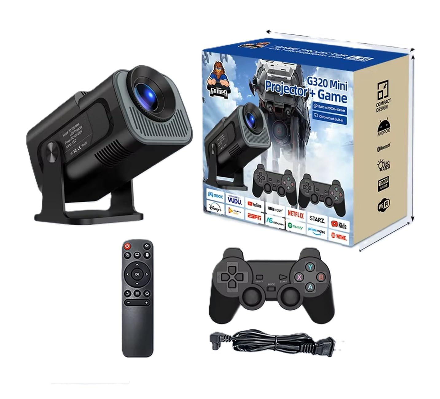 G320 Pro HiFi 2 in 1 Game Projector, Professional Projector with Android Chip and 2 Wireless Game Controllers, Over 20,000 Games