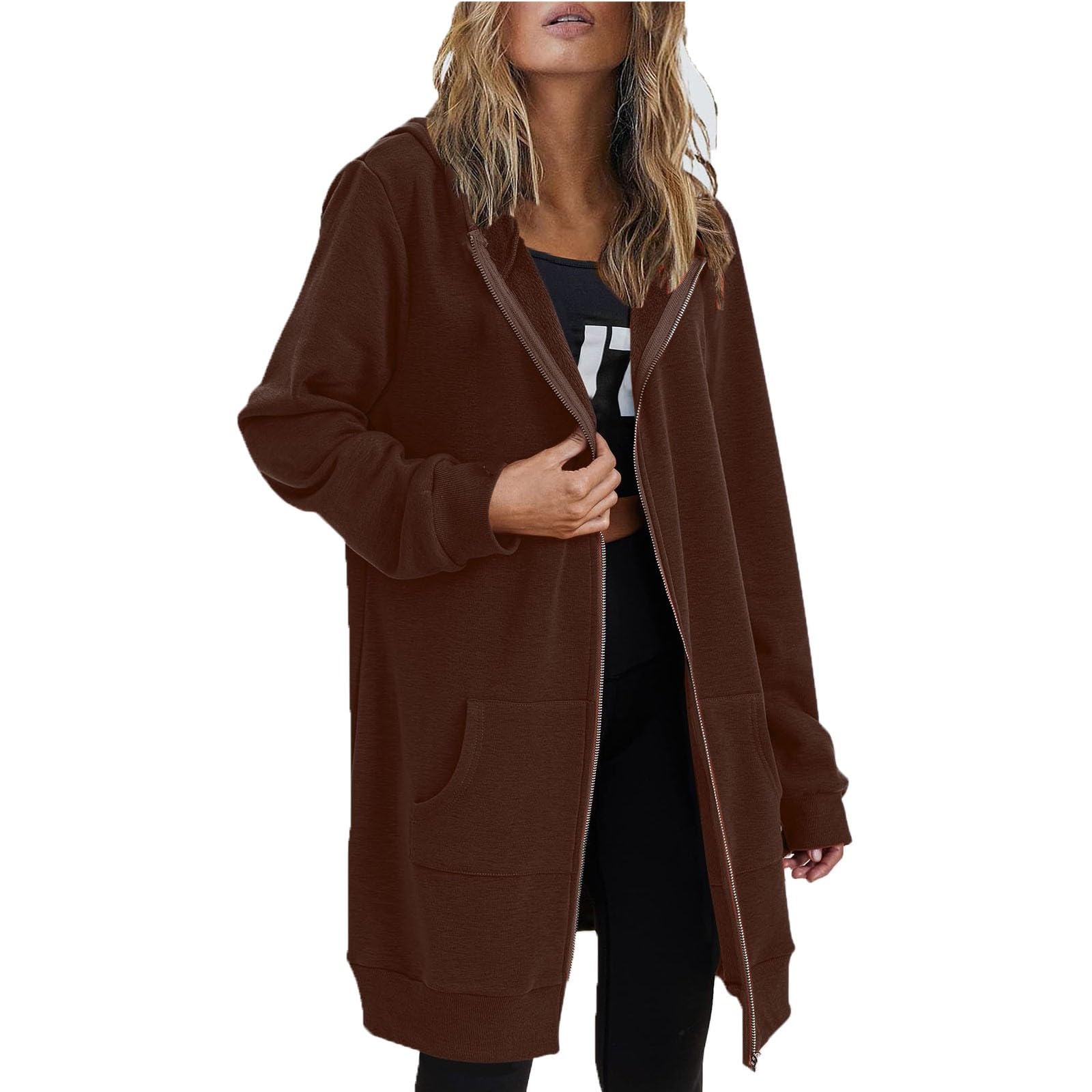 Womens Zip Up Hoodies Long Sleeve Hooded Lightweight Sweatshirt Oversized Fleece Jacket With Pockets Fall Clothes
