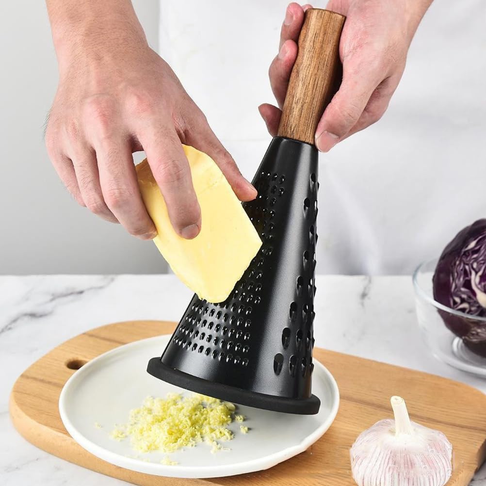 Luxshiny Grattugia a cono per formaggio in acciaio inox, tripla mano, per verdure, formaggio, patate, frutta, verdura, tritatutto, con manico in legno, per triturare, taglierina, limone, grattugia