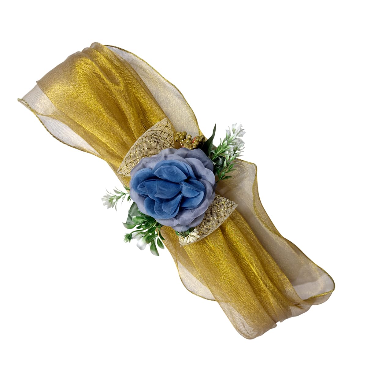 WRAPPING STUDIO One Meter Each Net Band Set of 4 with Artificial Floral Embellishments for Gift Packing, Decoration, Gifting, Trousseau Packing, Hampers (Golden) 1