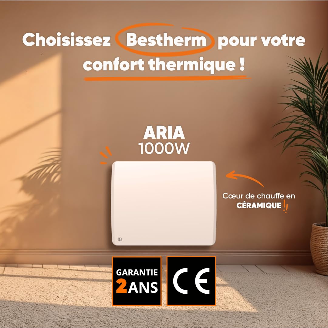 BESTHERM - Radiateur électrique fixe à inertie sèche céramique 1000W Bestherm ARIA horizontal blanc