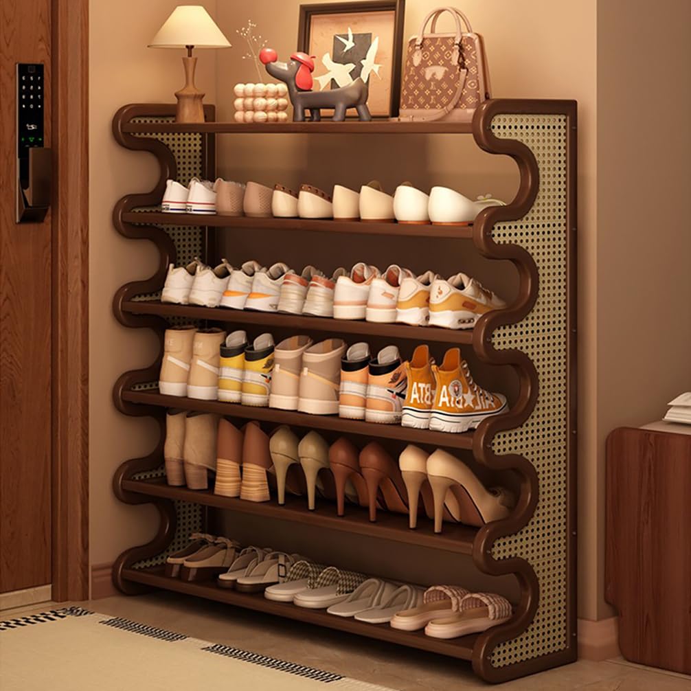 WYRNOBRX Multi-Tiered High-Capacity Bamboo Shoe Rack with Multi-Tiered Shelves Home Living Room Storage Rack Narrow Shoe Cabinet Rattan Sides Space-Saving for Home Entryway,Brown/B,L50*H106*W25