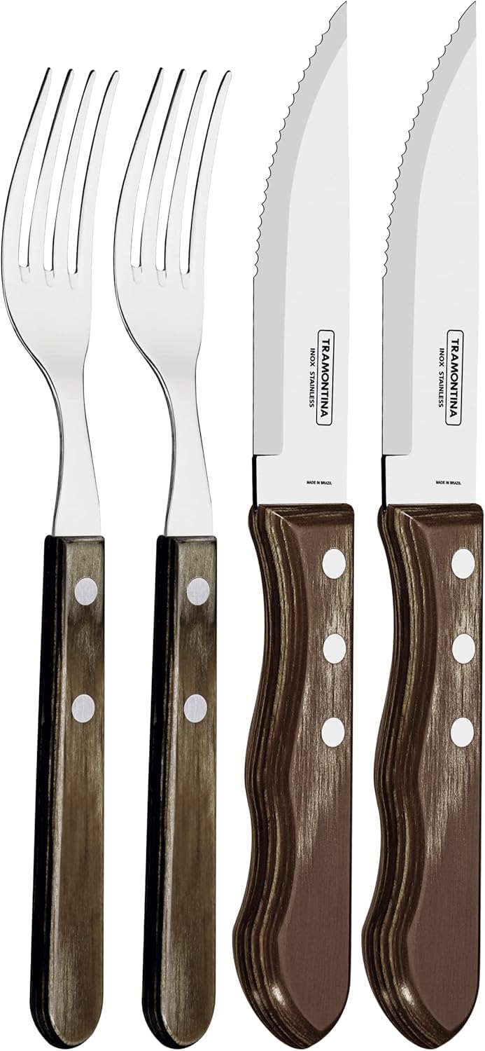 Tramontina 5” Jumbo Steak Knives, Sharp Knife with Wooden Handle, ‎Camping, Kitchen, Rustic, Dishwasher Safe (4 Pcs Cutlery Set)