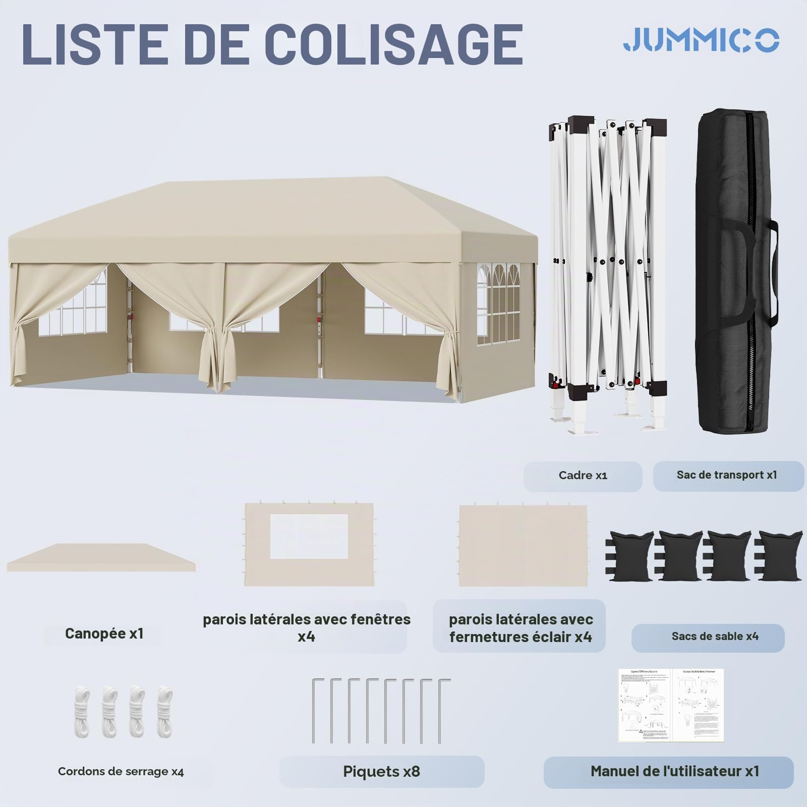 JUMMICO Tonnelle Pavillon Pliable 3x6m à Montage Rapide｜Assemblage en 5 Minutes｜Hauteur Réglable & 10cm Plus Haut｜Stable au Vent & Imperméable｜pour Jardin, Camping & Fêtes Beige