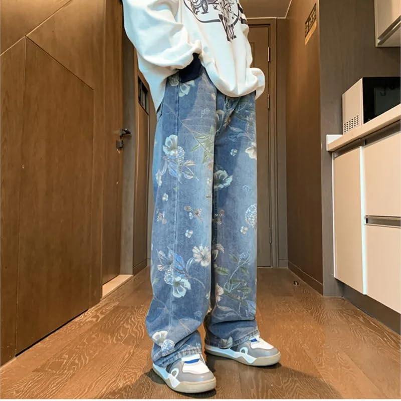 Baggy Jeans Men Floral Printed Korean Style Autumn Denim Pants3