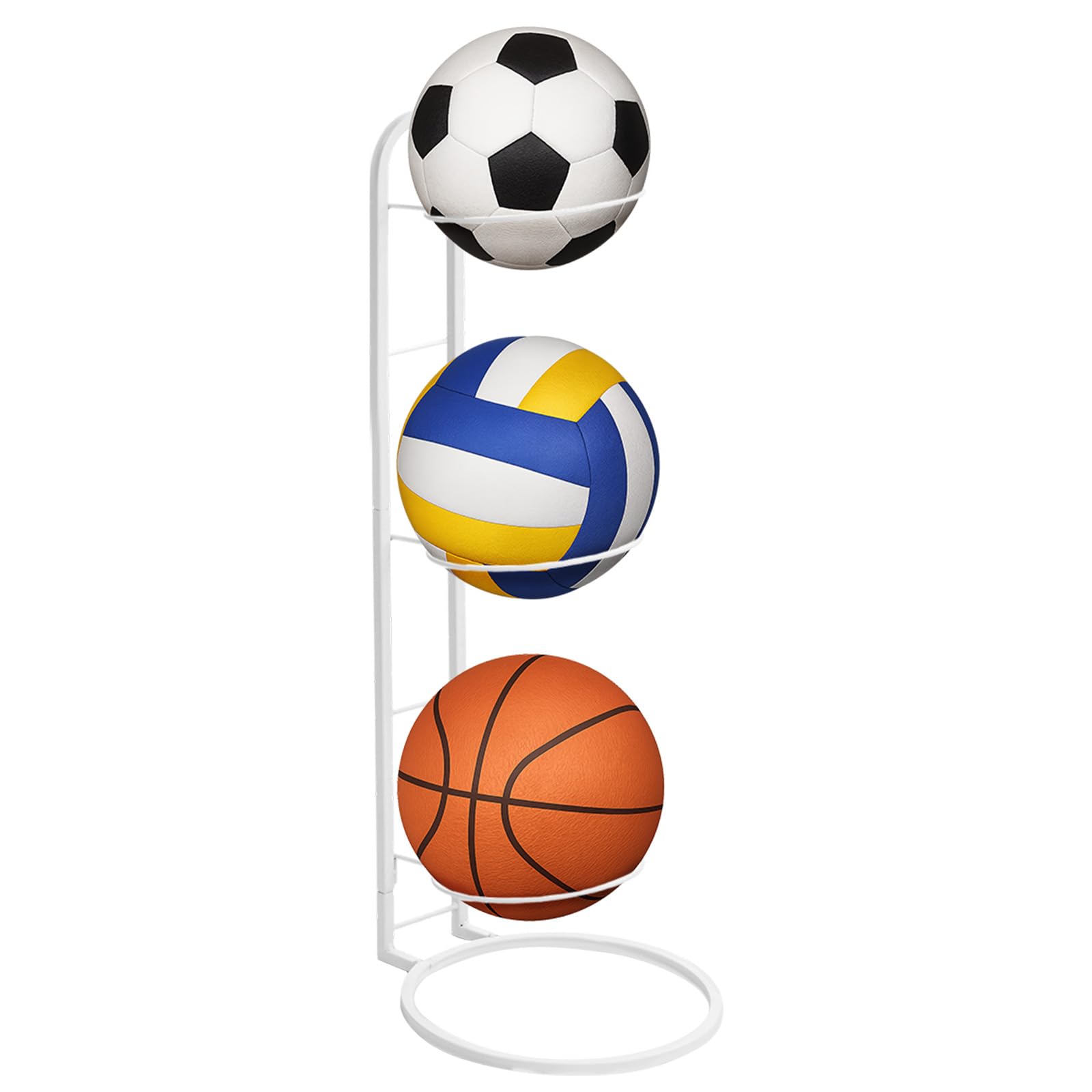 BLUE BAZAAR 3-Tier Ball Storage Rack – Metal Vertical Sports Equipment Organizer Stand for Football, Basketball, Volleyball, Soccer & Playground Balls (White, 3 Tier)