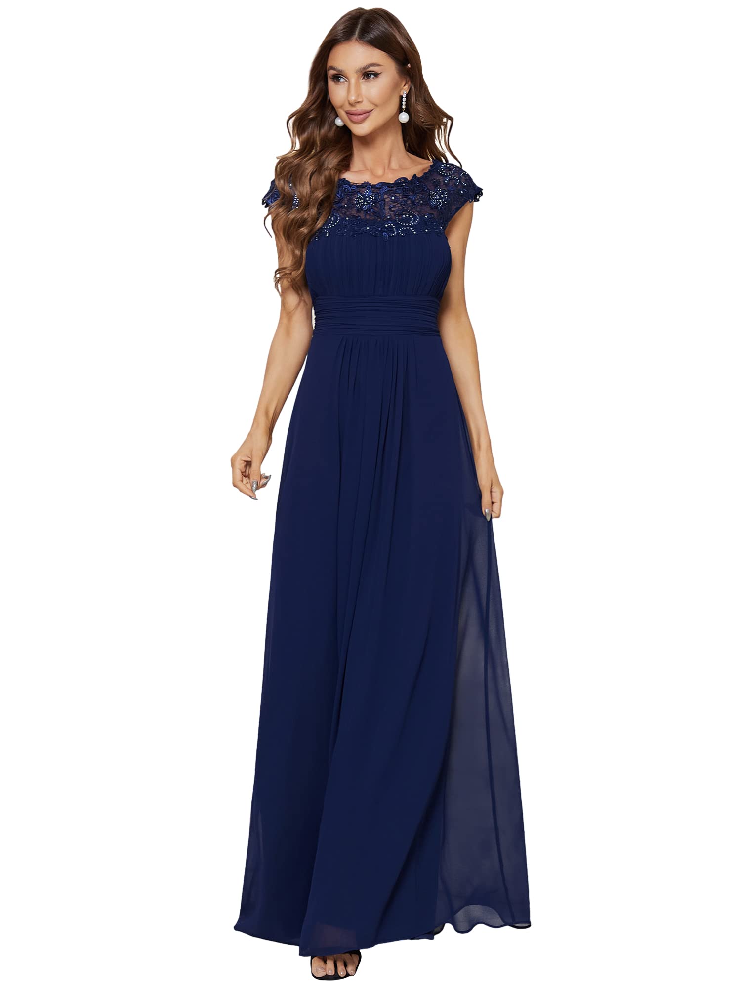 Ever-Pretty Womens Cap Sleeve Lace Neckline Ruched Bust Evening Gown 09993