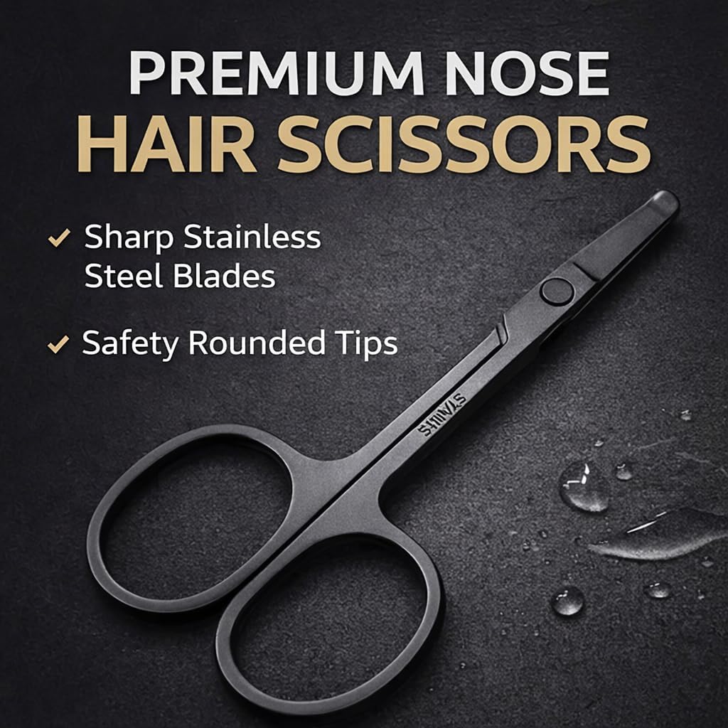 Premium Nose Hair Scissors, Ear and Nose Hair Trimmer Clipper, Curved Safety Blades with Rounded Tip for Trimming (Black)
