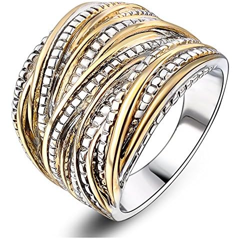 Mytys 2 Tone Intertwined Crossover Statement Ring Fashion Chunky Band Rings for Women Black Gold Silver Rose Gold Plated Wide Index Finger Rings Costume Jewelry (Gold and Silver Size 8) Cover