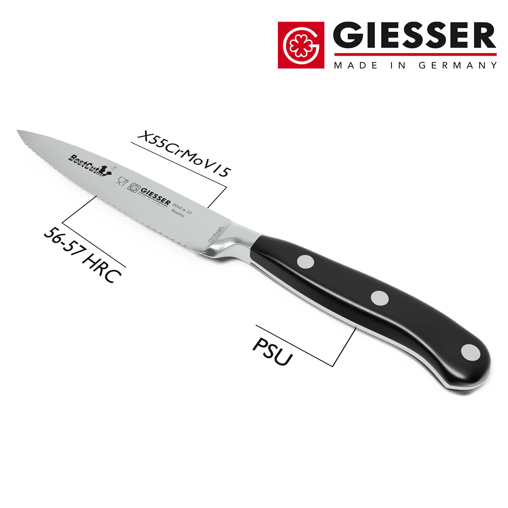 Giesser seit 1776 - Made in Germany - scharfes Officemesser geschmiedete 10 cm Wellenschliff BestCut, hitzebeständig, schwarz, deutsches Spickmesser spülmaschinengeeignet, rostfrei, 8640-w-10