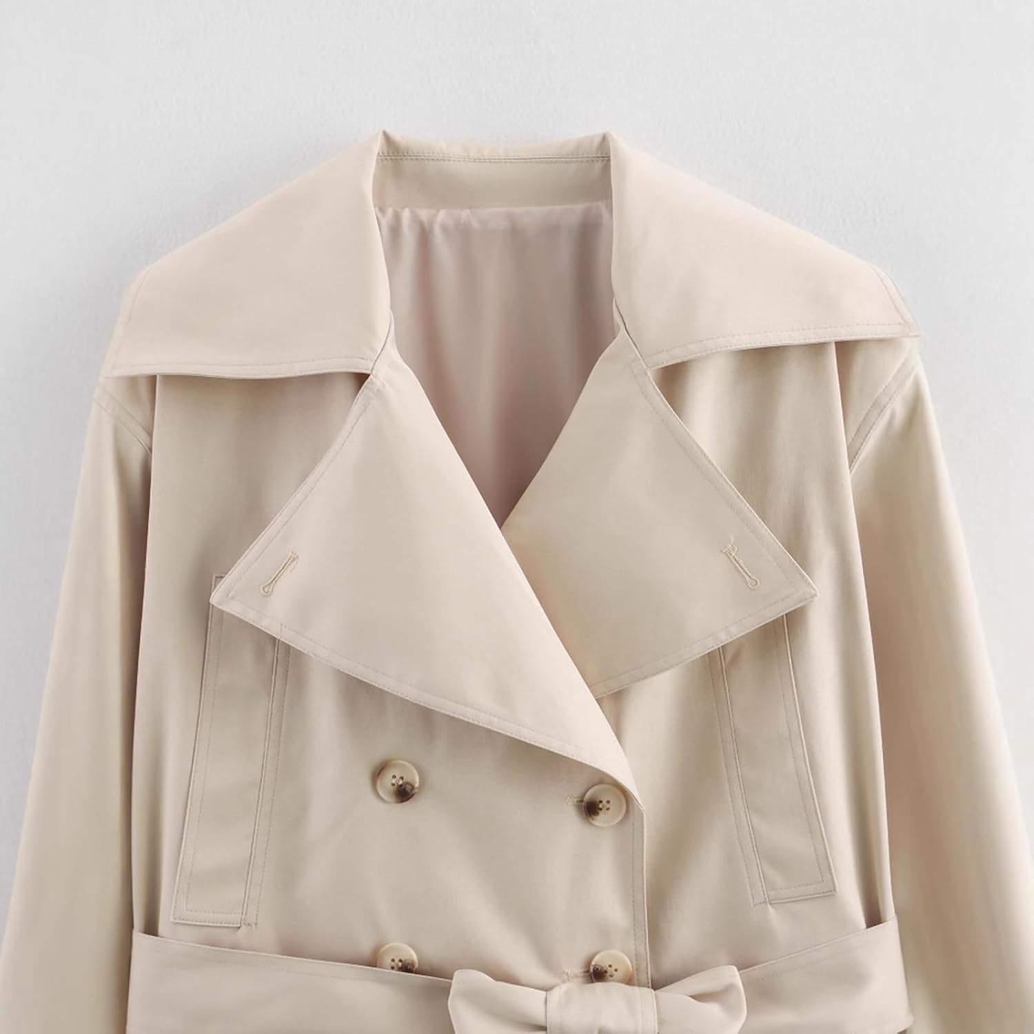 Women's Crop Belted Double Breasted Trench Coat Stylish Lapel Work Office Cropped Jacket with Pockets