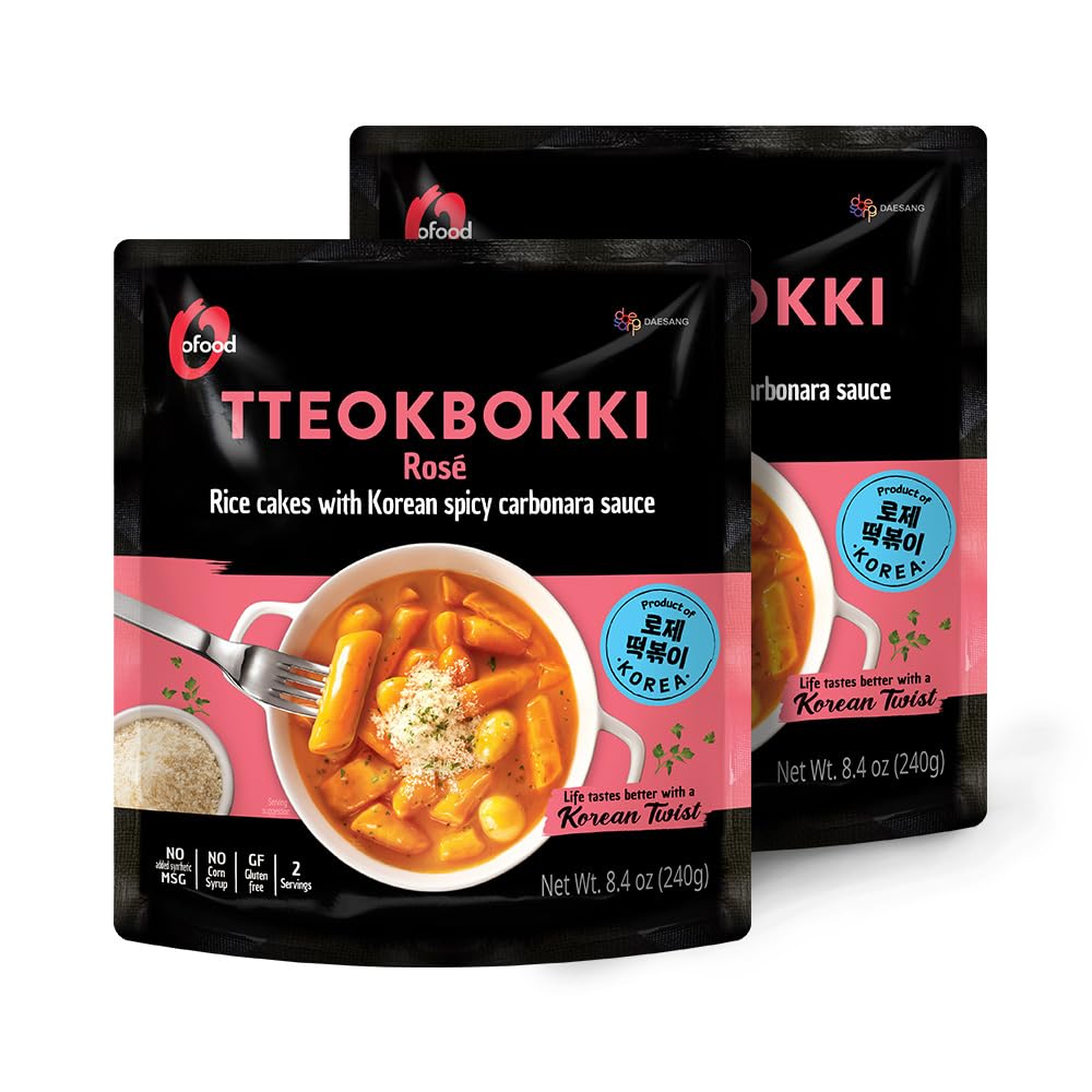 O'Food O'Food Rose Spicy Carbonara Tteokbokki, Gluten Free Korean Rice Cakes, Authentic Korean Street Food Spicy Snack, Perfect With Cheese And Instant Noodles, Ready To Eat, S