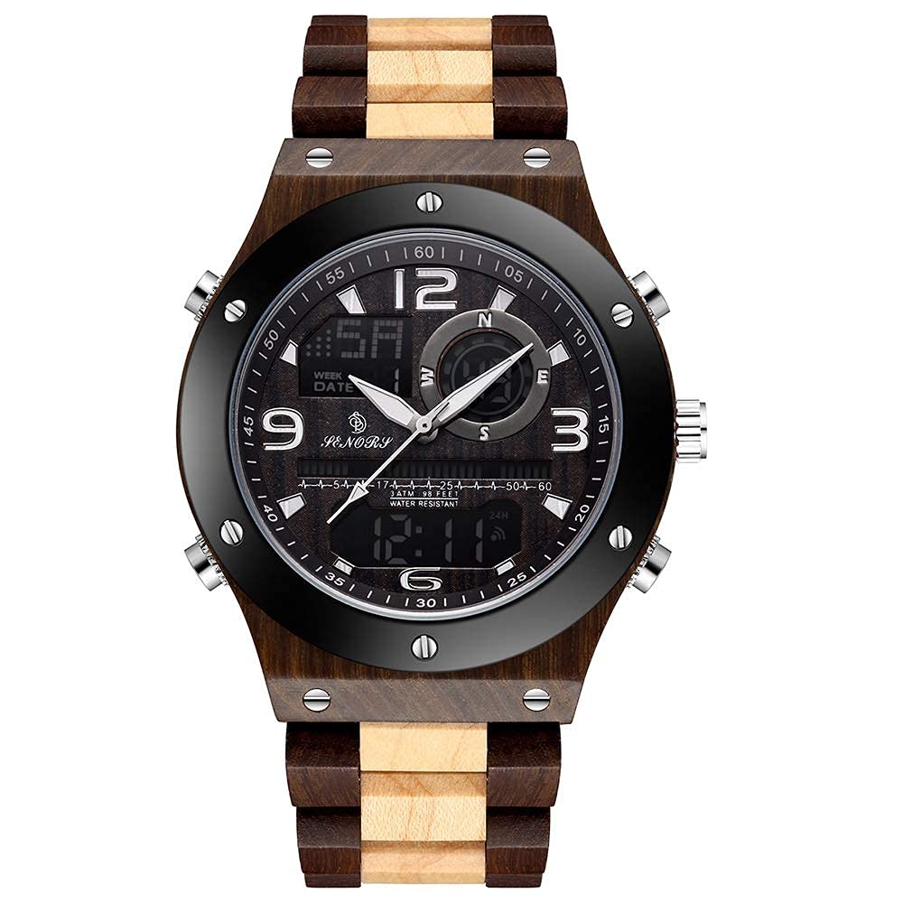NZDY Wood Watch, Men’S Watch Digital Casual Business Classic Electronic Chronograph Waterproof Led Analog Quartz Wrist Watch with Wooden Band Black Brown (42Mm,C