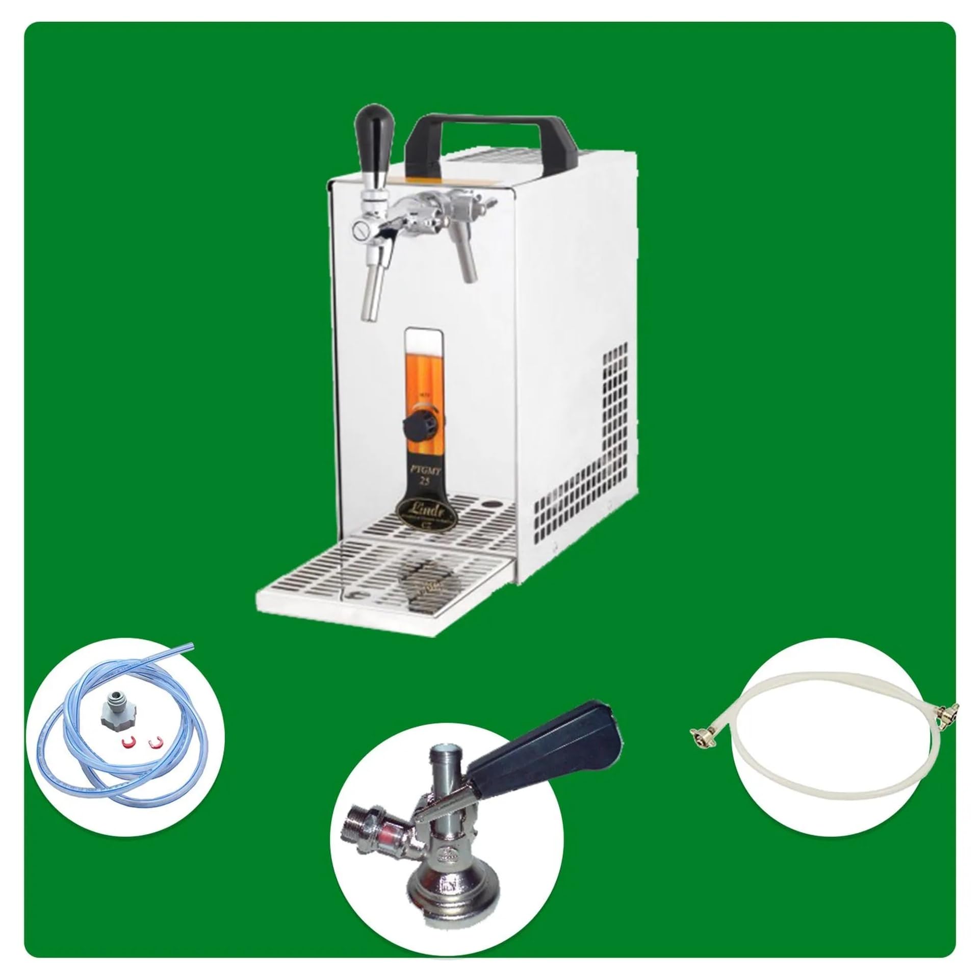 Kit Completo Sistema de dispensación de Cerveza Pygmy 20/K, Bomba de Membrana, Enfriador seco, Acero Inoxidable, 25 l/h, Green Line, Cabeza Triangular, Tipo G