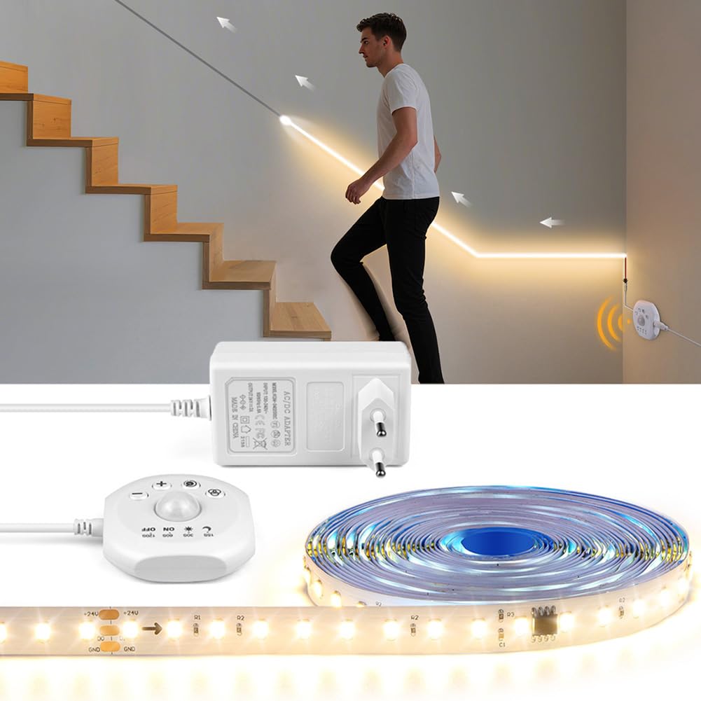 Striscia LED con Sensore di Movimento e Sensore di Luce, Bianco Caldo 3000K Striscia LED Dimmerabile Interruttore e Spina, Modalità Luce Continua Attivata dal Movimento Modalità Notte,10m