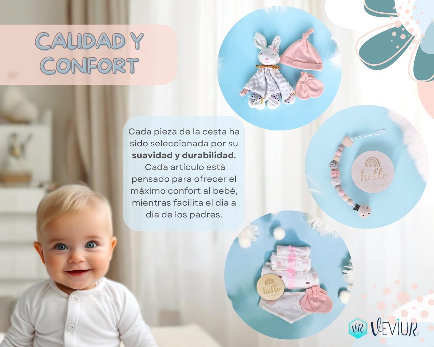 veviur Baby Gift Set, Newborn Gift, Baby Gift Girl and Boy - with Cuddly Toy, Rattle, Dummy Holder, Blanket and Bib - Image 3