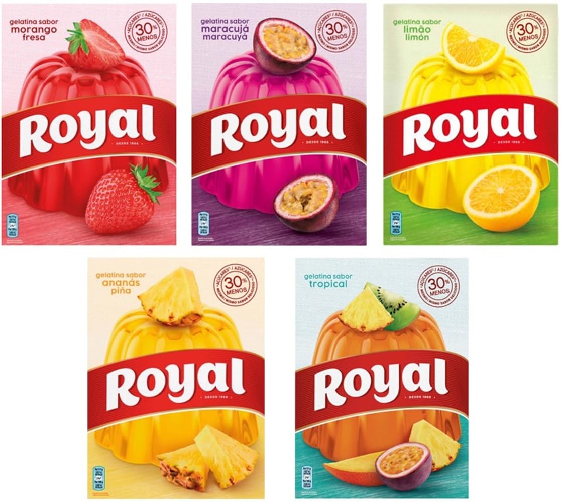 Royal Mix - Gélatine en poudre avec un mélange de saveurs | Fraise | Fruits de la passion | Citron | Ananas | Tropicale | 5 paquets de 4 oz | 30% Sucre en Moins