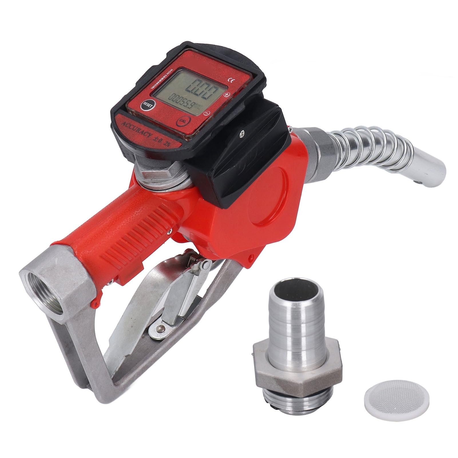 Pistola per Erogazione Carburante Automatica 1 Pollice BSP con Contatore Digitale Lega di Alluminio Ugello con Arresto Automatico per Benzina Cherosene 10-60L/min Blocco a 3 Posizioni