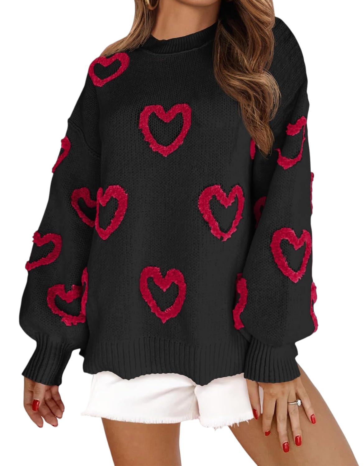 KMBANGI Women Heart Print Sweater Romantic Oversized Knitted Shirt Valentine Love Cute Graphic Long Sleeve Pullover Top