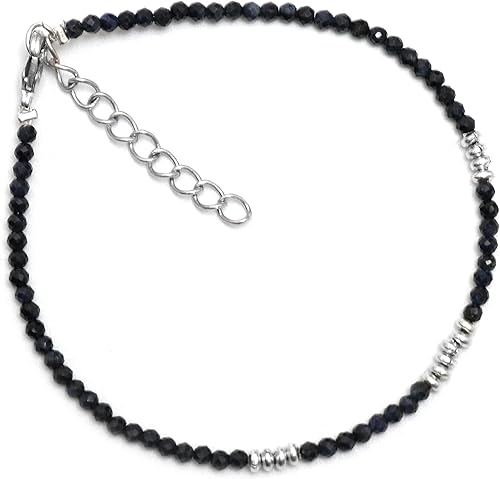 Gempires Natural Black Spinel Beads Bracelet, Spinel Gemstone Jewelry, Gift For her, 7+1 inch Adjustable Silver plated Chain (Black Spinel)